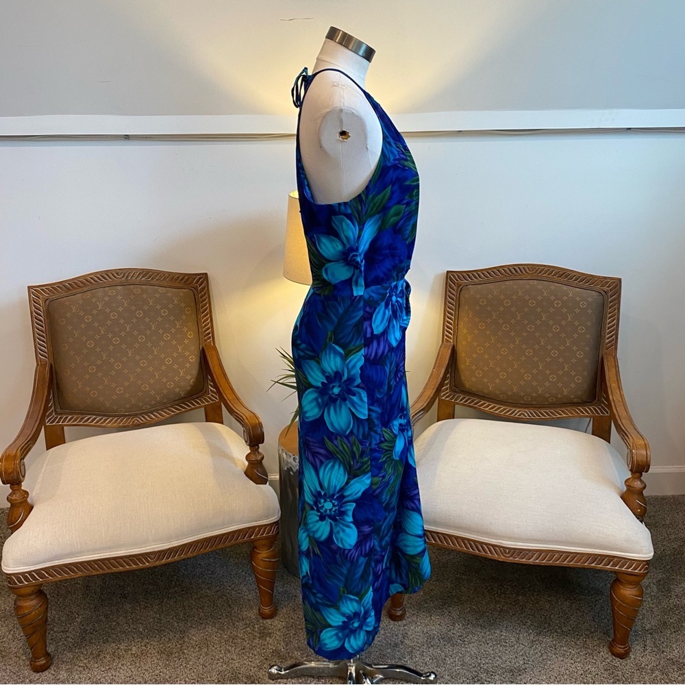 Vintage 90s Y2K Elegant Blue Floral Halter Dress with Front & Back Tie Detail - Picture 5 of 9
